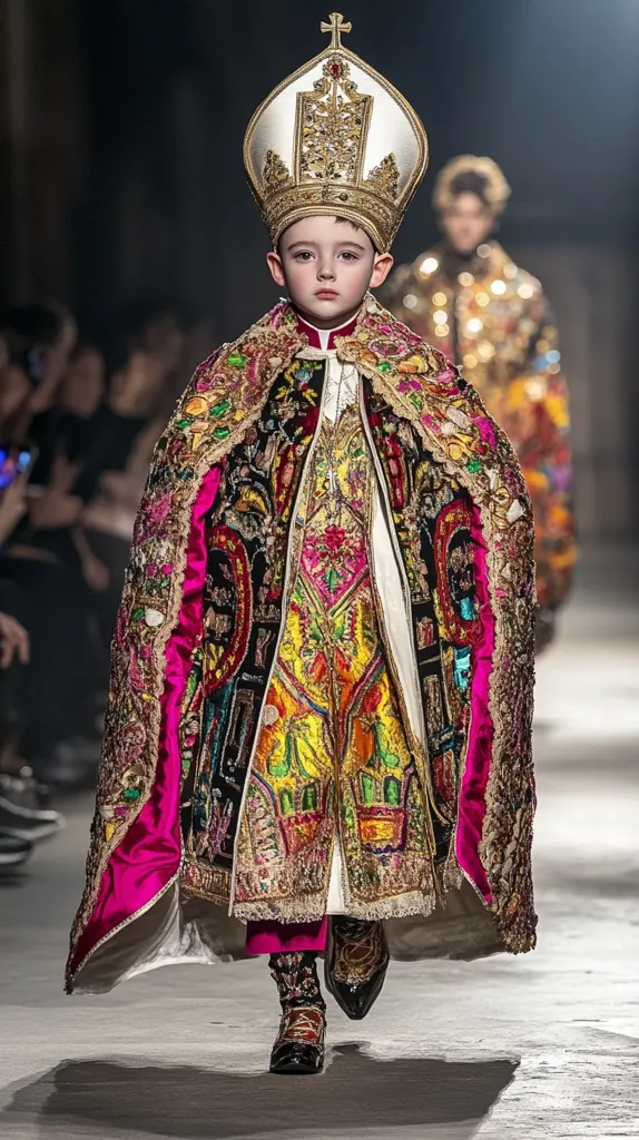 A young boy models a lavishly decorated, high-fashion ensemble. He wears a large, ornate, gold-trimmed mitre atop his head and a long, flowing, pink and gold brocade cape with intricate embroidery. His white-collared shirt is paired with matching pink pants and embellished black shoes. He walks with a serious expression, captivating the audience with his youthful elegance.