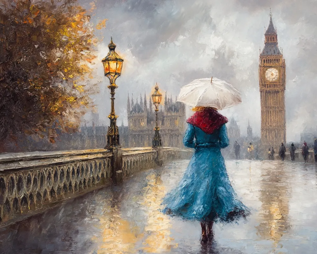 A woman in a blue coat walks across a bridge in London, holding a white umbrella above her head. The iconic Big Ben tower rises in the background, while streetlights illuminate the wet pavement. The scene is captured in a painterly style, creating a sense of atmosphere and romanticism.