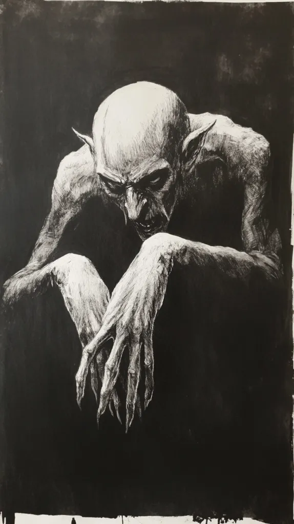 The image depicts a black and white drawing of a monstrous creature.  The creature has pale skin and a sinister expression, with long, sharp claws.  The creature is hunched over and appears to be in a state of deep contemplation or planning. The dark background creates a sense of mystery and fear.  The drawing is very detailed and realistic, and the artist has captured the creature's menacing nature perfectly.  The overall impression is one of horror and unease.