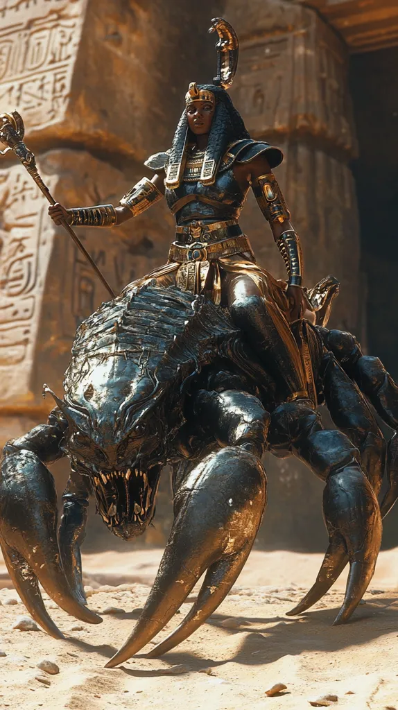 A fierce Egyptian queen, adorned in gold and blue armor, rides a massive, black scorpion-like creature.  She holds a staff, her eyes piercing and resolute.  The creature's claws are massive and sharp, and its mouth is open in a silent roar.  The scene is bathed in golden light, casting long shadows on the sandy ground.