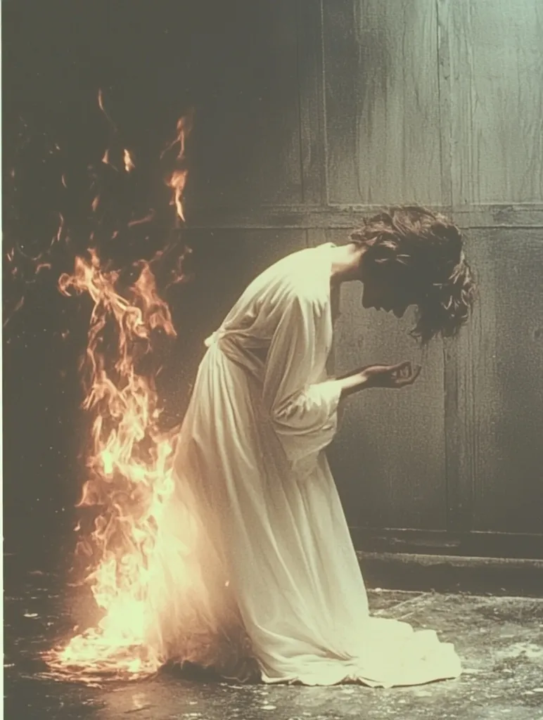 A woman in a white gown kneels in front of a wall. She appears to be on fire, with flames engulfing her lower body. The flames are a soft orange, contrasting with the gray wall behind her. Her expression is unreadable, adding to the mystery of the scene. The image is evocative and dreamlike, leaving the viewer to interpret the meaning behind the symbolism.