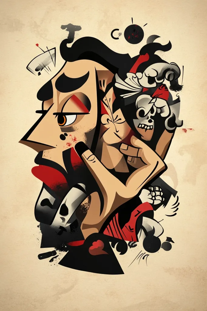 The image is a colorful, graphic illustration of a man's face, drawn in a bold, cartoon style. The man has a large, prominent nose, and his face is covered in various markings and symbols. His eyes are large and expressive, and his mouth is open in a shout. The background is a light beige color, which contrasts with the vibrant colors of the illustration. The man's face is the main focus of the image, and it appears to be expressing a range of emotions, including anger, pain, and fear. There are many small details throughout the illustration, adding to its visual complexity and interest.  The overall impression is one of energy and chaos, with a sense of urgency and intensity.