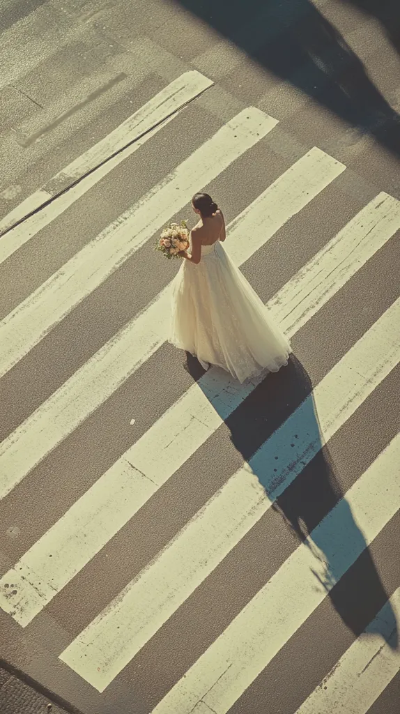 A bride in a white wedding gown walks across a crosswalk. She is carrying a bouquet of flowers and her shadow stretches behind her. The crosswalk is painted with white stripes against a gray asphalt background. The image is taken from a high angle, looking down on the scene.