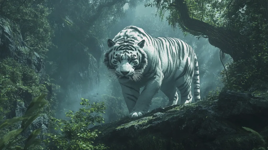 A white tiger, with black stripes, stands on a mossy rock in a dense, jungle-like setting. The tiger is looking directly at the camera, its eyes intense. The background is a blur of green foliage and mist, creating a sense of mystery and depth.  The tiger's presence in the image creates a sense of awe and power.  The image captures the beauty and majesty of this magnificent animal.