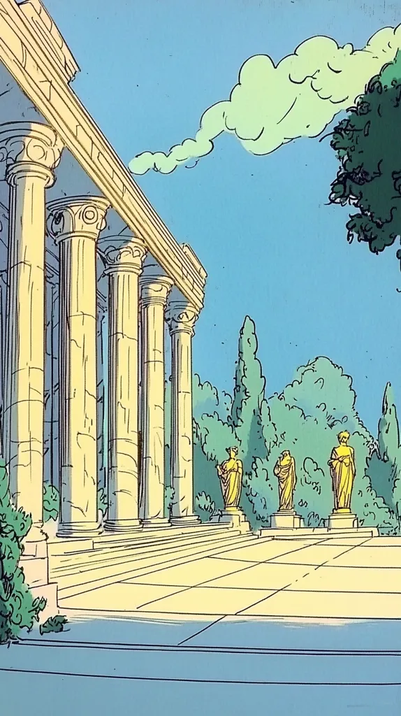 The image depicts a grand, ancient Greek temple with tall, white columns and a wide, flat platform in front. The temple is surrounded by lush green trees and bushes, creating a serene and peaceful atmosphere. The sky is a pale blue, with a single, fluffy white cloud floating in the distance. The overall tone of the image is one of calm and tranquility, with a touch of mystery and wonder.