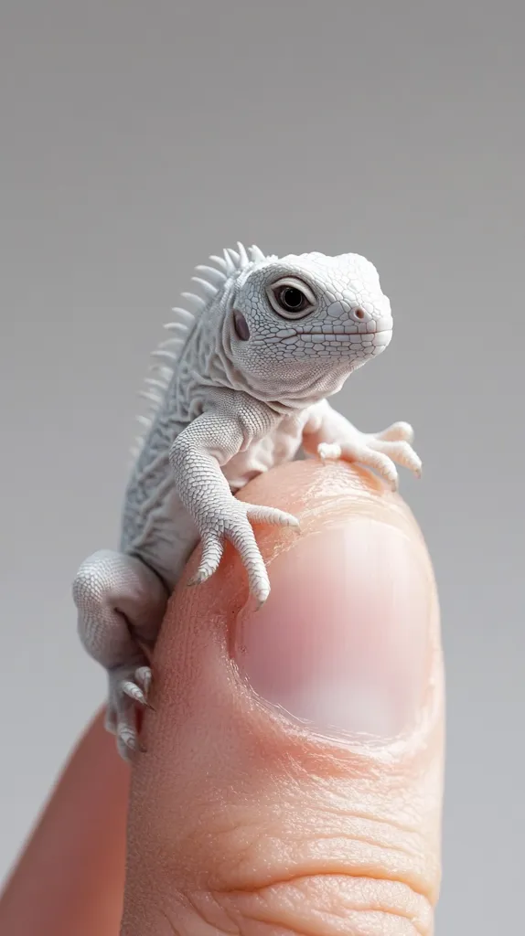 A small, white lizard sits perched on a human finger. The lizard is facing the right side of the image and has a  curious expression on its face. Its body is smooth and has a slightly textured surface. The lizard's white scales are clearly visible. The background is a plain, white background.  The image is shot in a close-up perspective, highlighting the lizard's features.