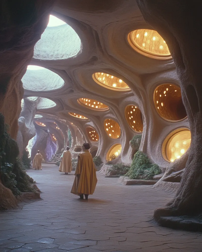 The image shows a cavernous, organic-looking space with a winding path leading into the depths. The ceiling is adorned with numerous round openings that act as windows, letting in soft, warm light that illuminates the path. Three figures, dressed in long, flowing robes, walk along the path, their backs to the viewer. The architecture of the space is both strange and beautiful, suggesting a fantastical or futuristic setting.