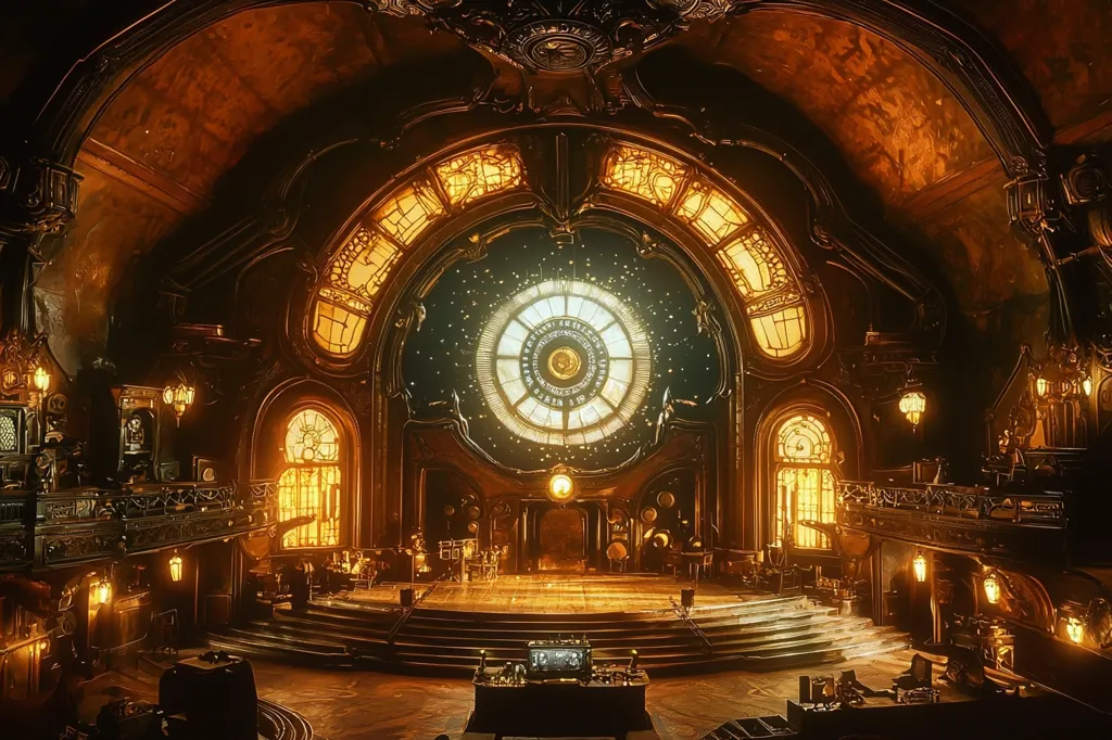 The image depicts a grand, ornate hall with a large, stained-glass window in the center. The window features a circular design with a golden frame and a black starry background. The hall is bathed in warm, golden light, casting a glow over the intricate details of the architecture. The walls are adorned with elaborate moldings and arches, suggesting a historical or mythical setting. The space is likely a grand performance hall or a place for grand events, with a stage and seating in the lower level.  The overall atmosphere is both awe-inspiring and mysterious.