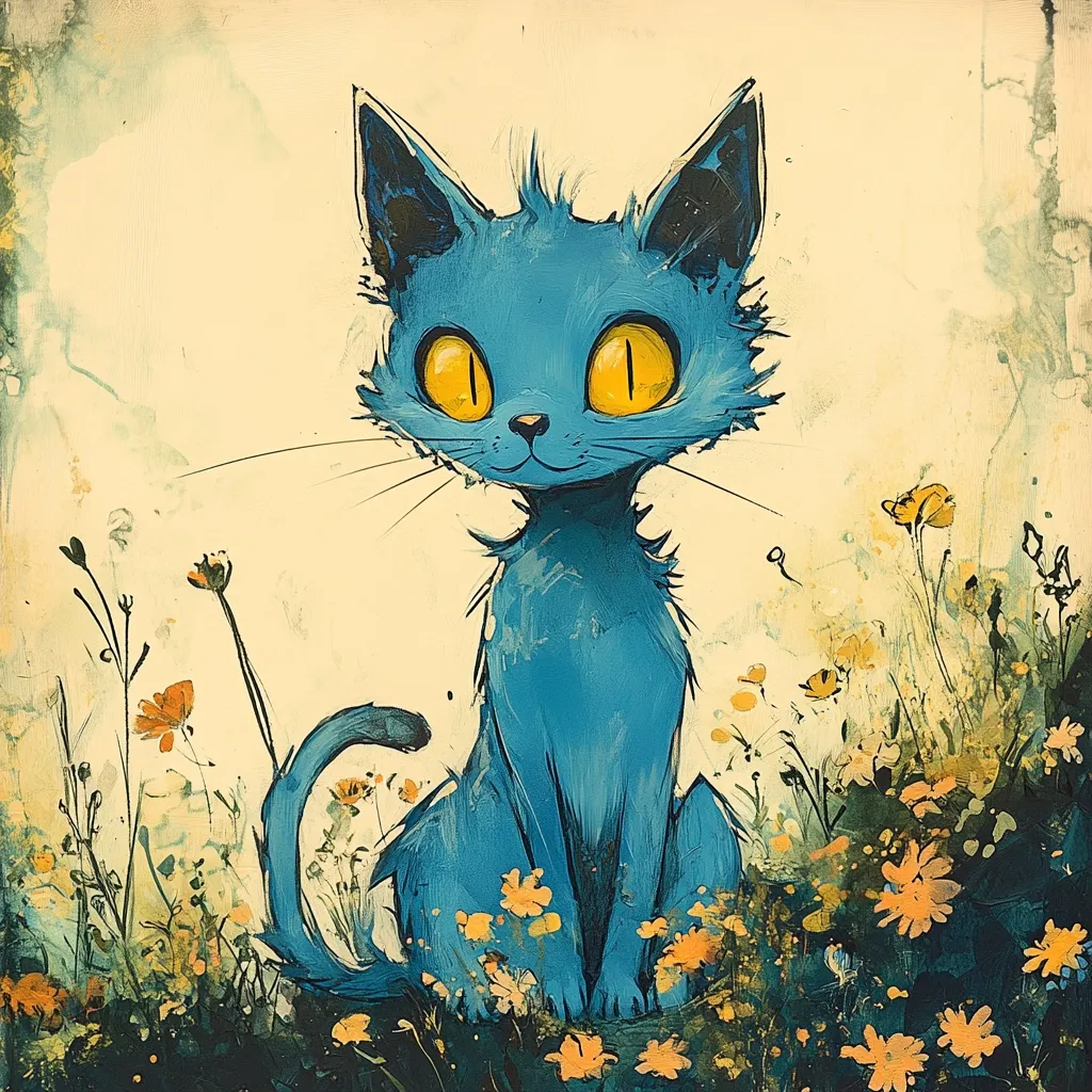 A stylized blue cat with large yellow eyes sits amidst a field of yellow flowers. The cat's fur is painted with a loose, expressive style, and the background is filled with soft, watercolor-like washes of color. The overall impression is one of whimsy and charm.
