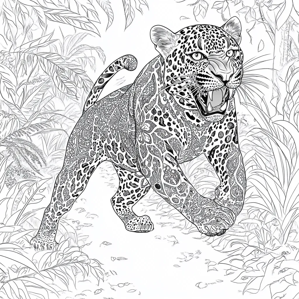 A detailed line drawing of a jaguar with its mouth open, showing its teeth, as it walks through dense jungle foliage. The jaguar is covered in intricate patterns that resemble its spots. The drawing is highly detailed and captures the animal's powerful presence.