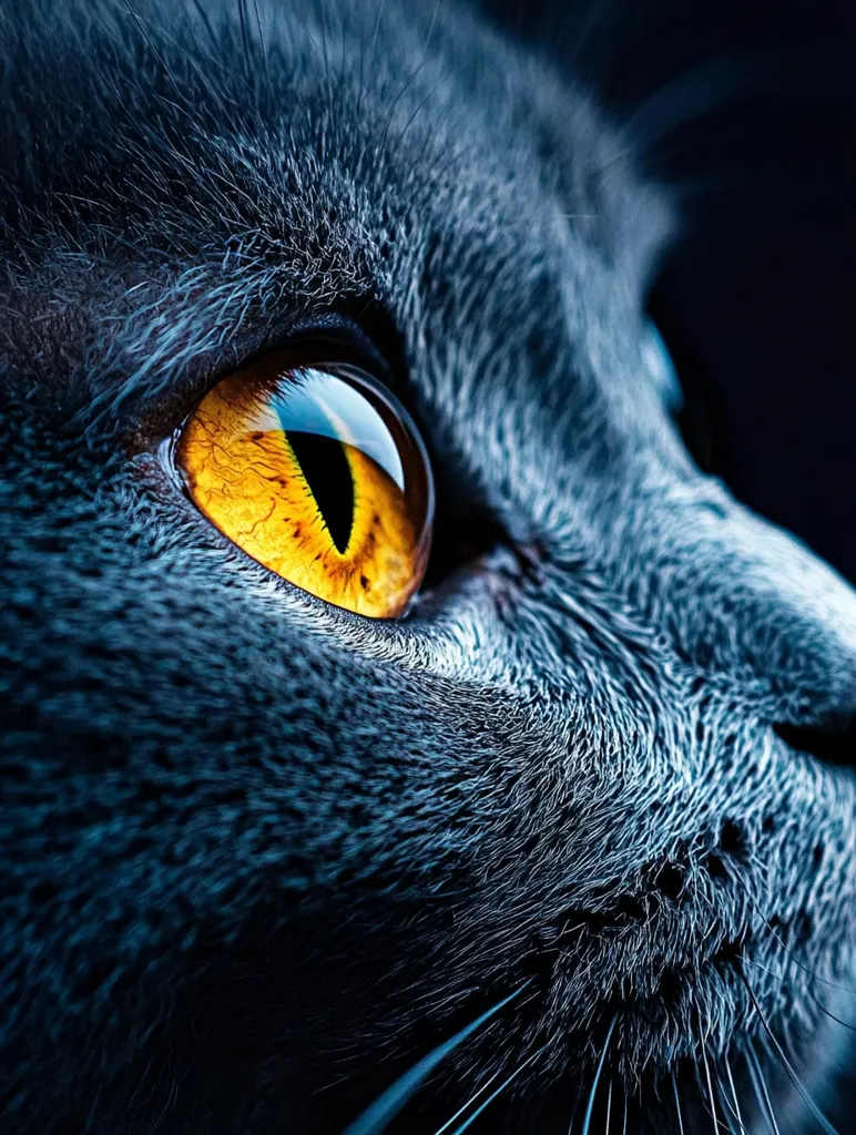 The image is a close-up of a cat's eye, with a bright yellow iris and a dark blue pupil. The cat's fur is a deep blue and appears very soft. The image is taken from a low angle, giving the viewer a sense of intimacy with the animal. The cat's eye is focused on something in the distance, suggesting a sense of alertness and curiosity. The dark background emphasizes the brightness of the cat's eye, creating a dramatic effect.