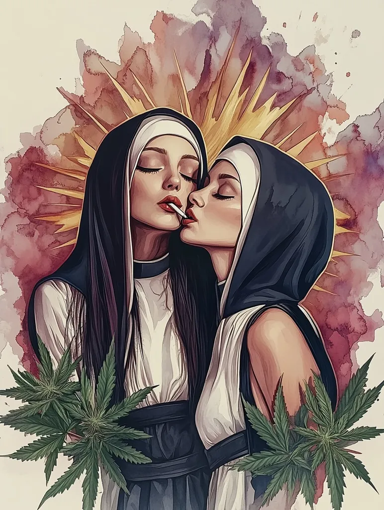 Two women dressed as nuns are depicted in a watercolor style. They are intertwined, with one leaning towards the other and holding a lit cigarette to her lips. They are surrounded by marijuana leaves, which are depicted in a realistic manner. The background is a watercolor wash of pink and yellow, with a golden halo effect. The overall image creates a contrast between the traditional religious imagery and the modern, rebellious theme.