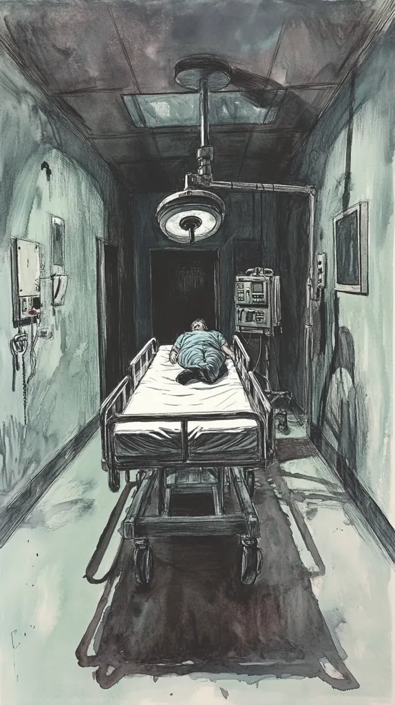 The image depicts a dimly lit hospital corridor with a patient lying on a gurney. The patient is wearing a blue gown and is seemingly unconscious. The gurney is in the middle of the corridor, with medical equipment visible in the background. The ceiling has a surgical light, casting a shadow over the gurney. The atmosphere is unsettling and creates a sense of loneliness and isolation.  The walls are a faded green, and the floor is a faded grey, adding to the feeling of sterility and neglect.  The artwork is done in a black and white ink style with faint watercolor washes, which enhances the stark and eerie mood.  The overall composition suggests a scene of medical distress and potentially impending doom.