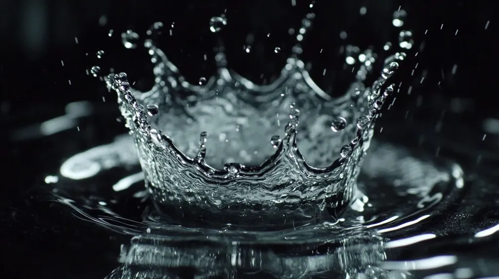 A single drop of water has created a crown-shaped splash as it hits the surface of a still body of water. The water droplets are frozen in time, displaying the intricate details of the splash. The image is shot against a dark background, highlighting the water's glistening texture and the ripples spreading outwards from the impact.  The image is a captivating display of the beauty of a simple water drop in motion.