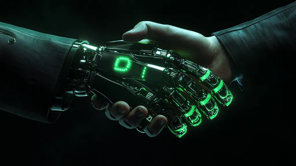 A robotic hand, with a glowing green display showing the number "01", shakes the hand of a human in a dark setting. The image portrays a futuristic concept of human-machine interaction, possibly symbolizing collaboration or a merging of worlds. The focus on the handshake emphasizes the connection between the two, highlighting the potential for a harmonious partnership. The green glow adds an ethereal and futuristic feel to the image.