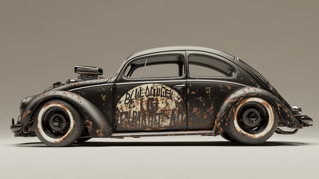 The image shows a black, rusty, vintage Volkswagen Beetle, modified with a custom exhaust system and whitewall tires. It has a large, circular decal on the side with the words "Blue Dungen" and "Ultra Race." The car is set against a light grey background, with the focus on the car's side profile. The image evokes a sense of nostalgia and a love for classic cars.