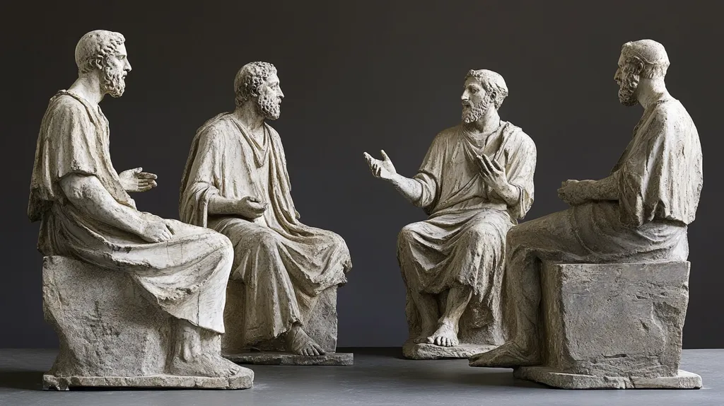Four classical Greek statues depicting men in togas are seated in a semi-circle, appearing to be in conversation. The statues are all rendered in a realistic style with detailed drapery and facial expressions. They are positioned on square plinths and the surrounding environment is a plain grey backdrop. The overall impression is of a thoughtful, academic gathering.