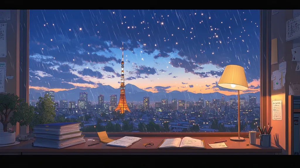 The image is a still life of a room with a window overlooking a cityscape. The window is framed by a wooden desk with books, pencils, and a lamp. The city is lit up with lights and it is raining. The sky is filled with stars and the clouds are a vibrant pink and orange. The tower in the center of the city is Tokyo Tower.  The image has a serene and calming atmosphere.