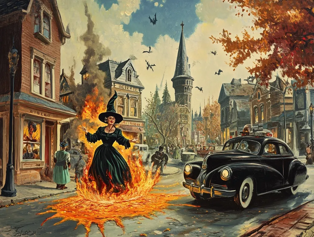 A witch dressed in black is engulfed in flames as she walks down a street lined with buildings. The flames extend out from her body and spread across the road. People watch in shock from the sidewalks, while a black car drives slowly past the scene. The background is a mix of brick buildings and autumn trees. Bats fly through the cloudy sky.