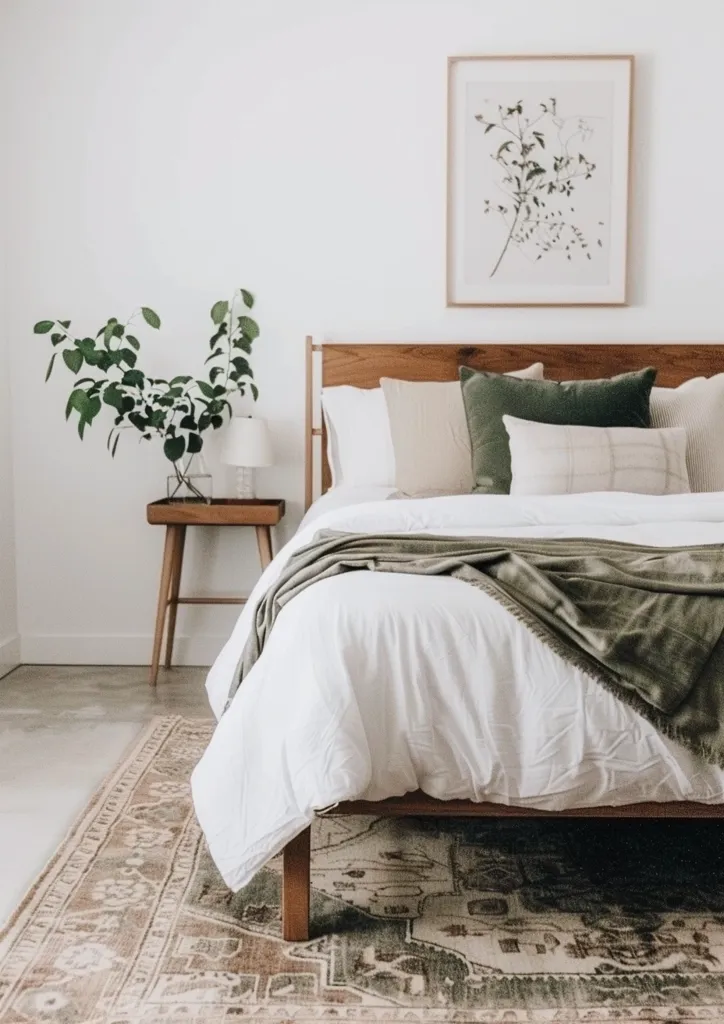 The image shows a minimalist bedroom with a wooden bed frame. The bed is dressed in white linens and a green throw blanket.  The pillows are arranged in a mix of white, beige, and green.  A small side table with a potted plant sits next to the bed. A framed botanical print hangs above the headboard. The bedroom is decorated with a patterned rug.  The overall feel is calm and serene.