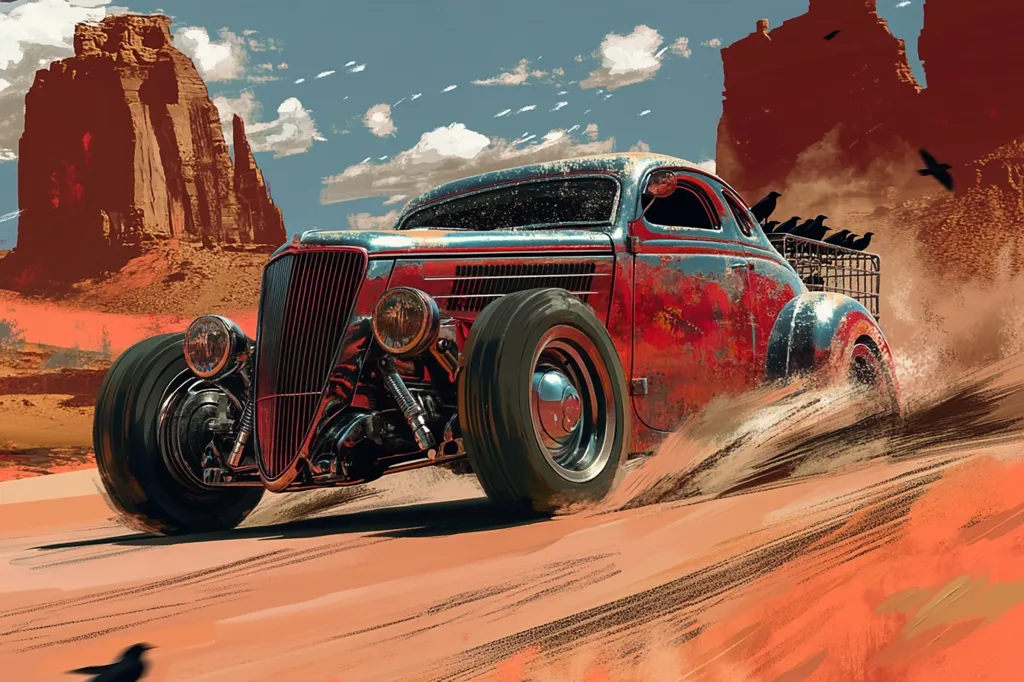 A rusty red hot rod speeds across a desert landscape. The car is kicking up sand and dust as it drives past tall, red rock formations. A few crows perch on a metal cage strapped to the back of the car.  The image has a vintage, almost cartoonish style.