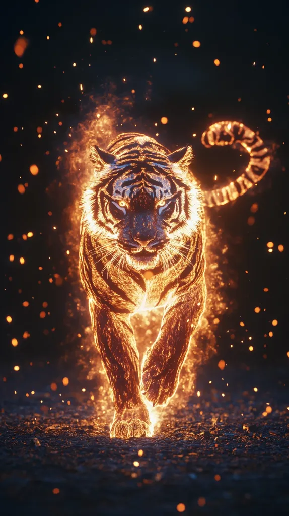 A tiger, engulfed in flames, walks towards the viewer with a determined expression. The tiger's fur is a fiery orange, and its eyes glow with an inner fire.  The background is a dark, starry night sky, with sparks of light dancing around the tiger.  This image suggests strength, power, and a sense of untamed wildness.