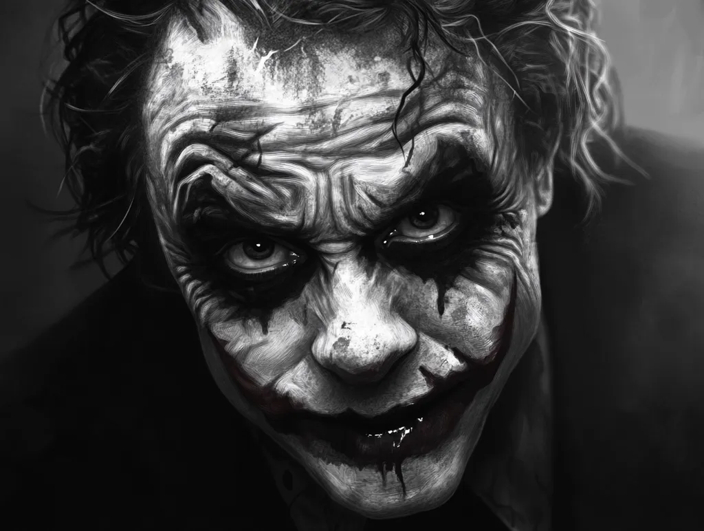 The image is a close-up of the Joker's face, rendered in black and white. His face is contorted in a menacing grin, and his eyes are wide and intense. The makeup around his eyes is smeared, giving him a sinister look. His mouth is slightly open, revealing a painted grin that adds to his unsettling appearance. The overall effect is one of chaos and madness. The Joker's face is the central focus, and the darkness surrounding it emphasizes his sinister presence.