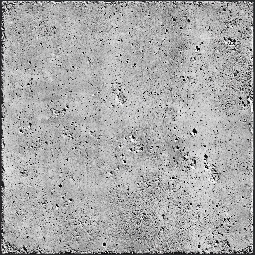 The image shows a close-up of a rough, gray concrete surface. It is covered in small, evenly spaced holes and has a slightly textured finish. The concrete appears to be weathered, with slight variations in color. The image is taken from a direct, overhead perspective, highlighting the surface's details.