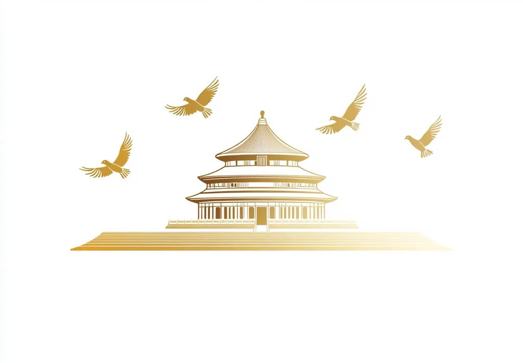 The image shows a golden outline of the Temple of Heaven in Beijing, China. The temple has a tiered roof with multiple layers and is surrounded by a set of stairs. There are four doves flying in the sky, also in golden outline. The background is a white canvas. The image has a simple and elegant aesthetic.