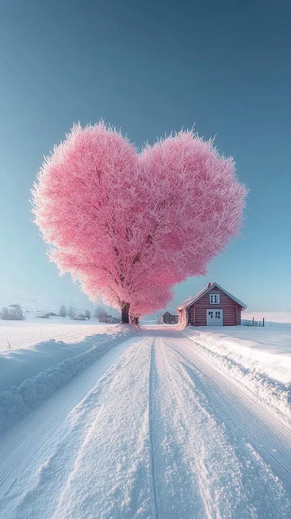 A snow-covered road leads towards a quaint wooden cabin. The path is framed by a heart-shaped, pink-hued tree, its branches dusted with frost. The sky is a pale blue, adding to the serene winter scene. The image evokes a sense of tranquility and isolation.