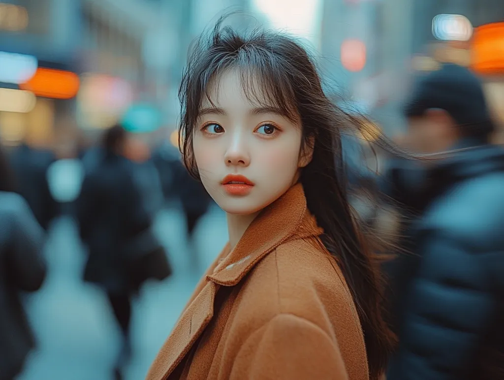 A young woman with long black hair and a brown coat stands in a bustling city street. Her face is slightly turned away from the camera, and her eyes are looking off to the side. The city lights are blurred in the background, creating a sense of movement and energy.  The woman's expression is serene and introspective, suggesting that she is lost in thought.