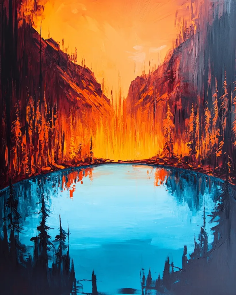 The painting depicts a serene landscape with a still, blue lake nestled between two towering cliffs. The cliffs are ablaze in fiery orange and red hues, suggesting a sunset or a fiery glow. The reflection of the cliffs in the lake creates a mirror image of the scene, enhancing the overall symmetry and tranquility. The surrounding forest is rendered in shades of dark blue and black, creating a dramatic contrast against the vibrant colors of the cliffs and the lake. The artwork captures a moment of stillness and awe-inspiring beauty.