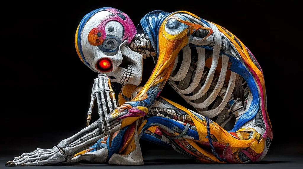 The image shows a skeletal figure with vibrant colors. Its bones are painted in a patchwork of blues, yellows, reds, and purples. The skull is detailed with a circular pattern in pink and white and a glowing red eye. The figure sits with its legs crossed and its head resting on one hand. The figure's pose and the contrast between the bright colors and the skeletal form create a haunting and intriguing aesthetic.