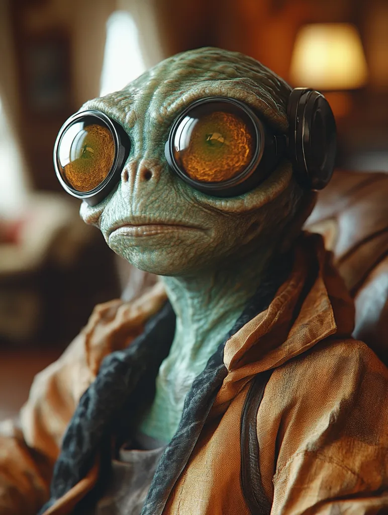 A close-up shot of an alien creature with large, round eyes and a pair of goggles. The creature has a light green, textured skin and is wearing a brown jacket with a dark scarf. It looks to be in a seated position, with only its head and upper body visible. The background is blurred and suggests an indoor setting.  The lighting casts a soft glow on the creature’s face.