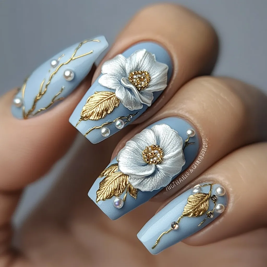 A close-up of a hand with light blue nails adorned with intricate 3D floral designs. Each nail features a delicate white flower, gold leaf accents, and pearl embellishments. The nails are long and almond-shaped, creating a sophisticated and elegant look. The light blue color provides a soft and calming backdrop for the intricate details of the floral designs.