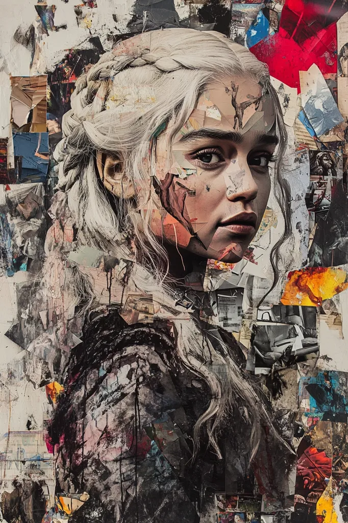 The image is a colorful collage featuring a woman with long white hair.  She looks directly at the viewer, her face partly obscured by a  layered collage of images and textures.  The collage is composed of paint, paper, and other materials, and has a very textured and abstract style.  The colors are bright and bold, with a mix of red, yellow, black, and white.  The woman’s expression is serious, but her eyes are piercing.
