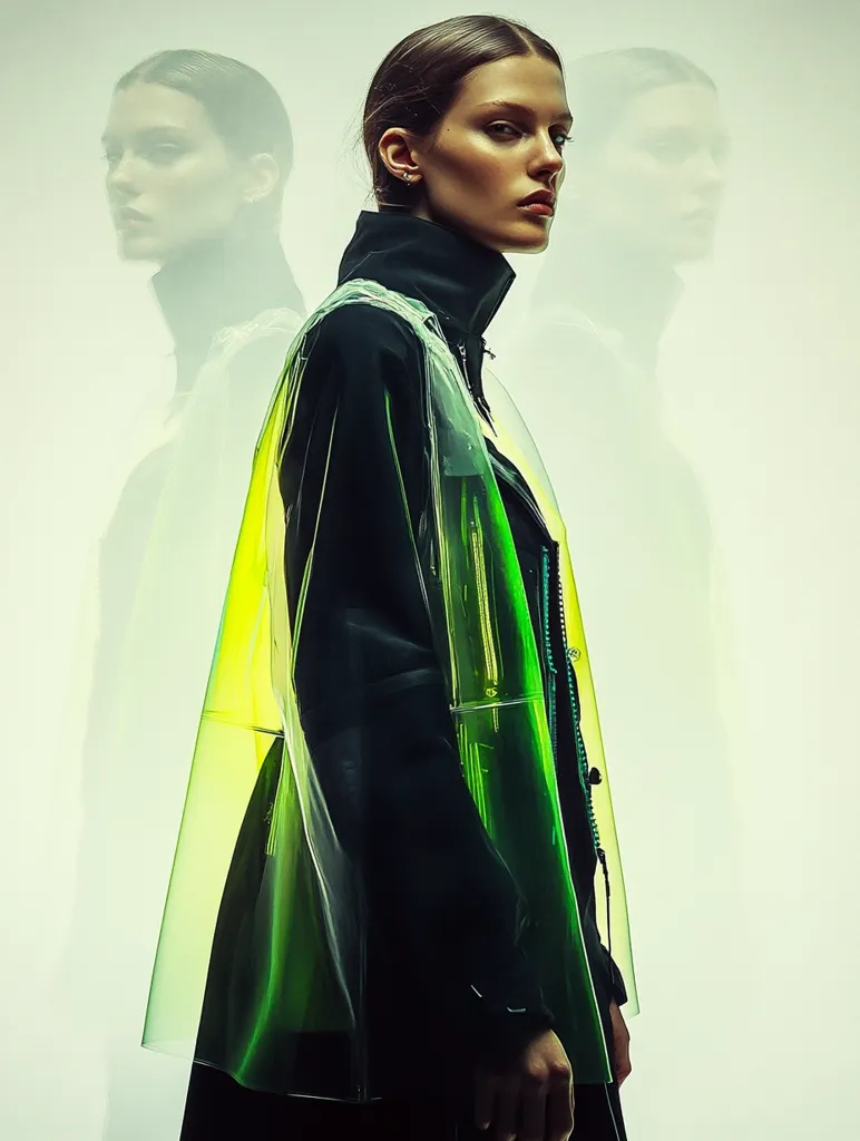A woman with dark hair and piercing eyes stares intensely at the camera. She is wearing a black jacket with a translucent, green and yellow overlay. Her face is partially obscured by the jacket, but her confident expression is undeniable. In the background, a blurry image of a woman with similar features appears. The lighting is soft and ethereal, creating a sense of mystery and intrigue. The overall impression is one of fashion and style, with a touch of futuristic flair.
