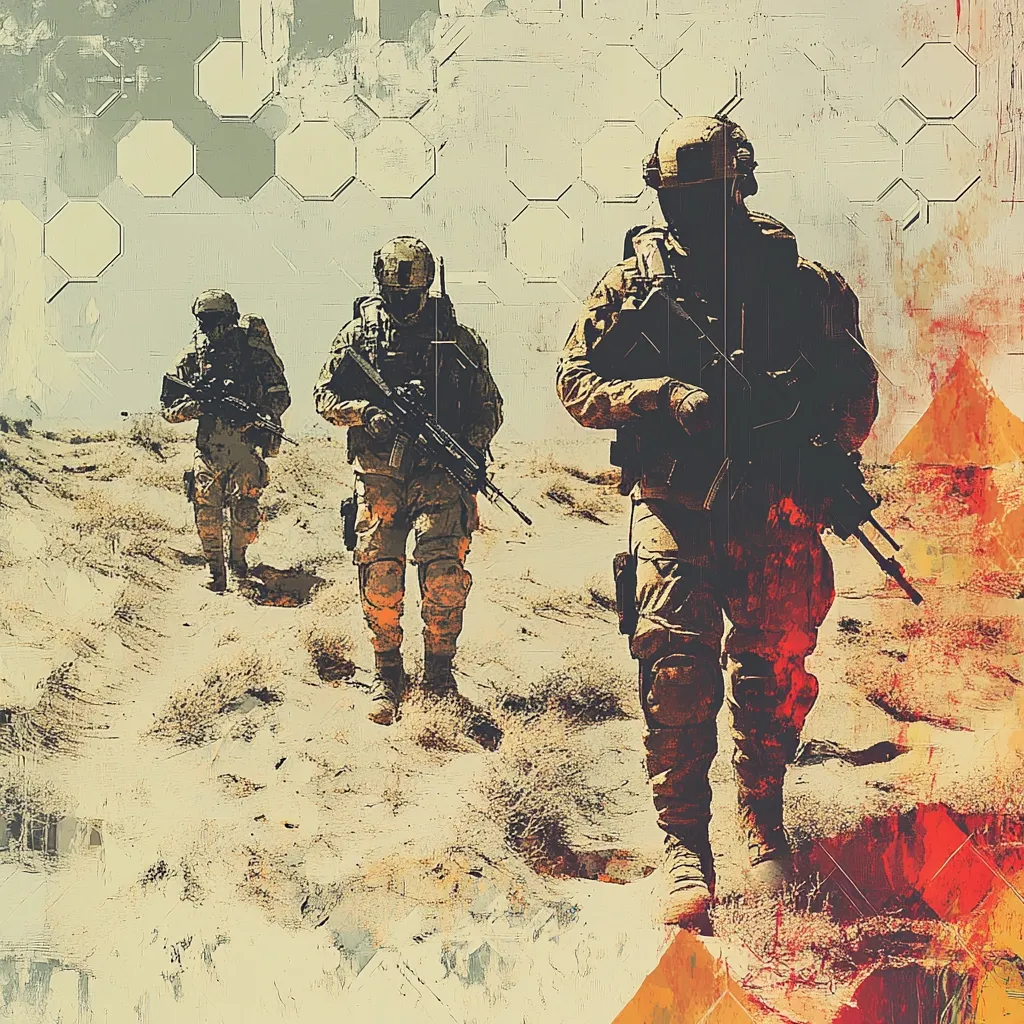 Three soldiers are marching through a desert landscape, their faces obscured by helmets and shadows. Their rifles are held at the ready, their movements deliberate and purposeful. The background features an abstract pattern of hexagons, suggesting a technologically advanced setting. The gritty, stylized aesthetic evokes a sense of war and danger.