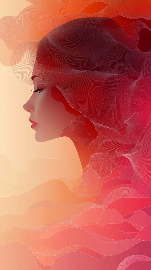 The image depicts a woman's face in profile, rendered in a stylized, abstract style. Her hair and the background are composed of flowing, translucent lines in shades of pink, red, and orange, giving the impression of wispy clouds or smoke. The overall effect is ethereal and dreamlike, suggesting a sense of delicate beauty and mystery.