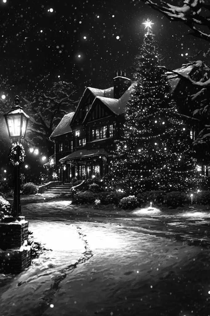 A black and white image of a snow-covered house with a Christmas tree in the front yard. The house is lit up with string lights and there is a lamppost to the left of the image. The snow is falling softly, creating a peaceful and magical atmosphere. The image is reminiscent of a winter wonderland.