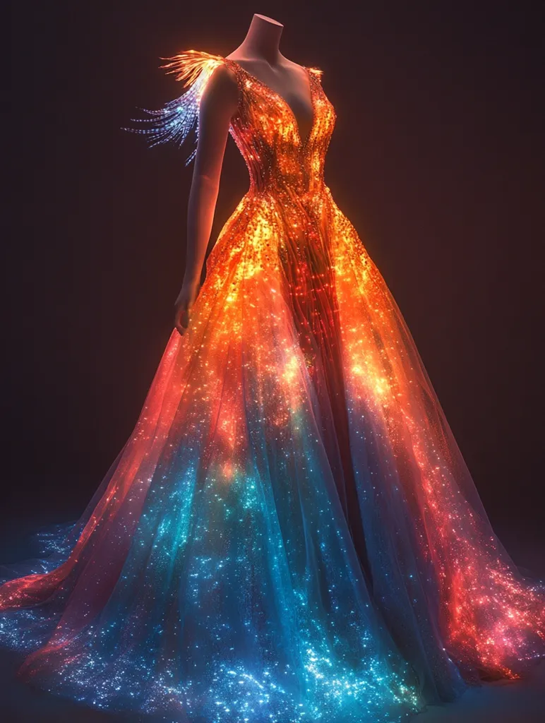 A stunning, long, flowing gown made of light-up fabric,  resembling a starry sky. The dress is a blend of vibrant hues, with a deep blue and turquoise gradient flowing into a fiery orange and red. It features a V-neckline and  a fitted bodice, with a long, sweeping skirt. The gown is adorned with glittering lights, giving it a ethereal and magical quality.
