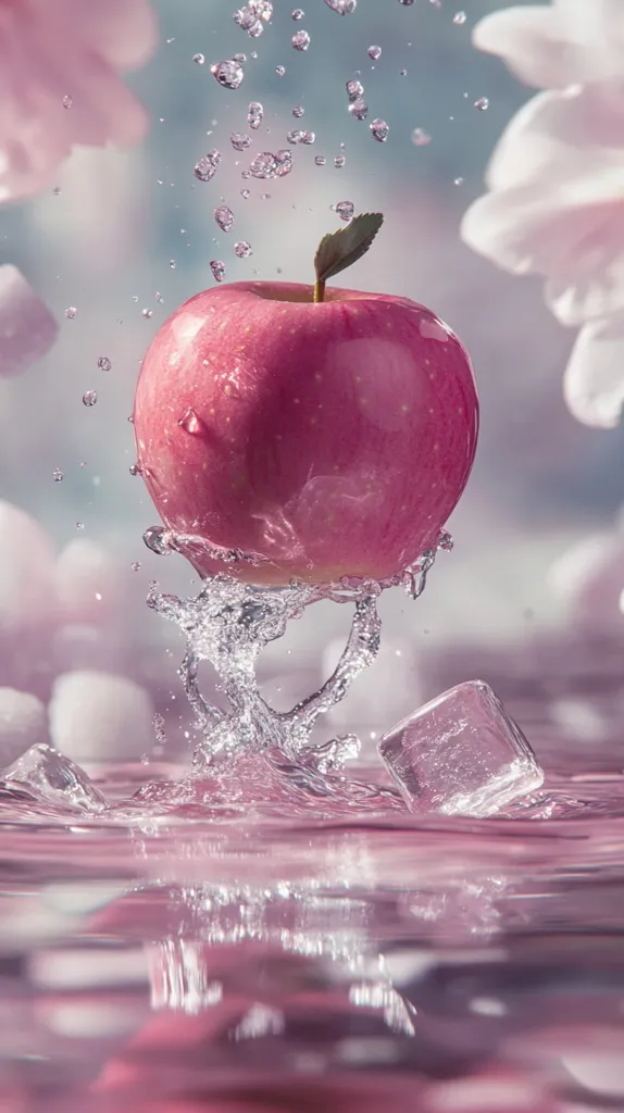 A pink apple, with a green stem, is suspended mid-air above a clear, rippling body of water. Water droplets and a single ice cube are scattered around the apple. The background is blurred with pink flowers and a blue hue. The image captures a moment of stillness and beauty, showcasing the interplay of water, fruit, and ice.  The soft lighting adds a delicate and dreamy feel to the scene.