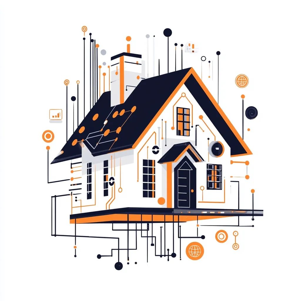 The image depicts a modern, white house with a black roof and orange accents. It is surrounded by a network of lines and dots, representing its connectivity. The house has a front door, two windows, and a chimney. The image suggests a smart home, emphasizing the integration of technology and design.  The house is raised off the ground, suggesting a futuristic concept.  The image is stylized, with a flat design and vibrant colors.