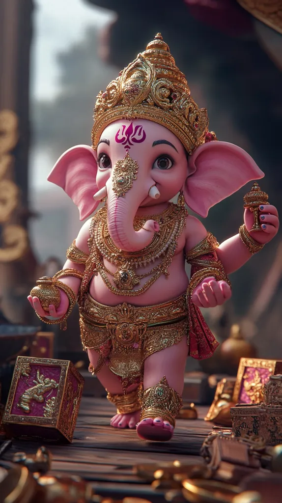 A close-up of a pink Ganesha statue adorned with intricate gold jewelry. The statue has a large, pink trunk and wears a crown. The Ganesha is standing on a wooden surface with ornate golden boxes surrounding it. The image is full of detail and colour, and evokes a sense of celebration and spirituality.