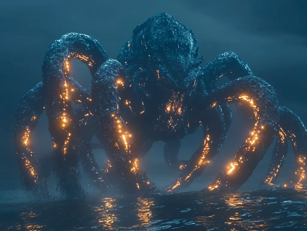 A monstrous, spider-like creature emerges from the depths of a dark, misty sea. Its obsidian body is illuminated by glowing, orange veins that pulsate with an eerie light. The creature's long, spindly legs seem to melt into the water, hinting at a connection to the depths below. Its presence is both captivating and terrifying, a reminder of the unknown forces that lie beneath the surface.