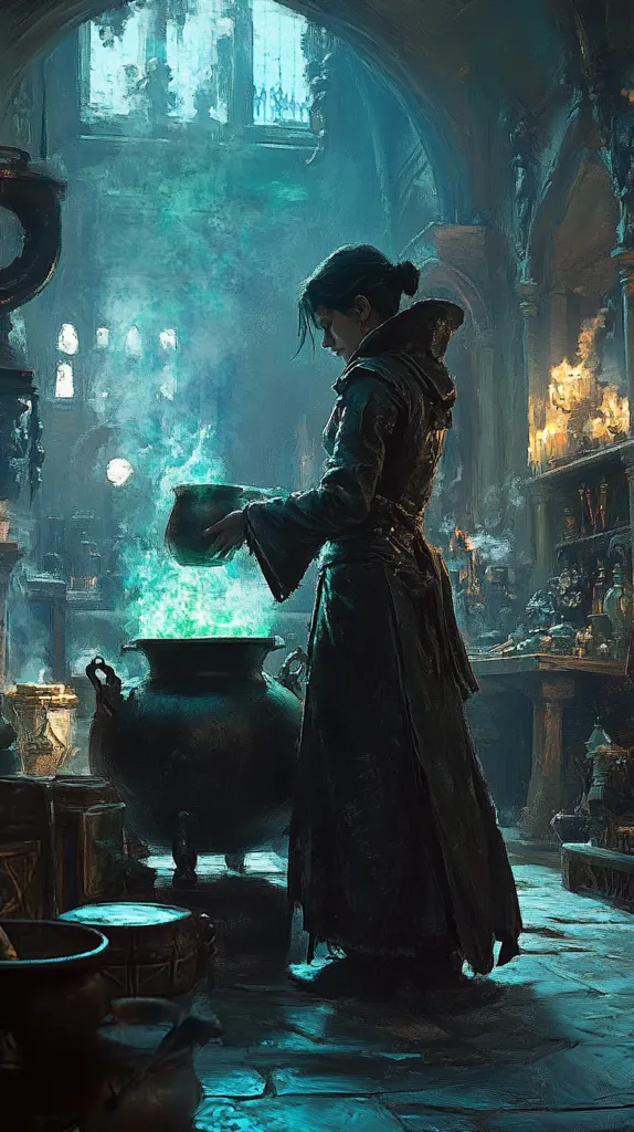 A woman in a long dark robe stands in a dimly lit room, stirring a cauldron with a glowing green liquid. The room is filled with shelves and cabinets, and there are candles burning on a table in the background. The woman's face is partially obscured by her hood, but she appears to be concentrating intently on her task. The image evokes a sense of mystery and intrigue, suggesting that the woman is engaged in some kind of magical or alchemical practice. The green glow from the cauldron illuminates the room, creating a sense of both beauty and danger.