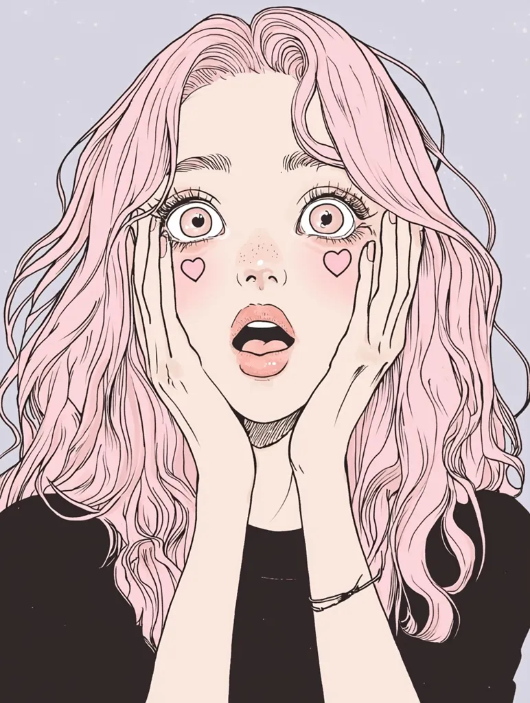 The image is a drawing of a young woman with long, pink hair. She is wearing a black shirt and has a surprised expression on her face. Her eyes are wide open and her mouth is slightly open in a gasp. She has a heart-shaped blush on each cheek. The image is drawn in a minimalist style with clean lines and soft shading. The background is a light purple color with some white specks.