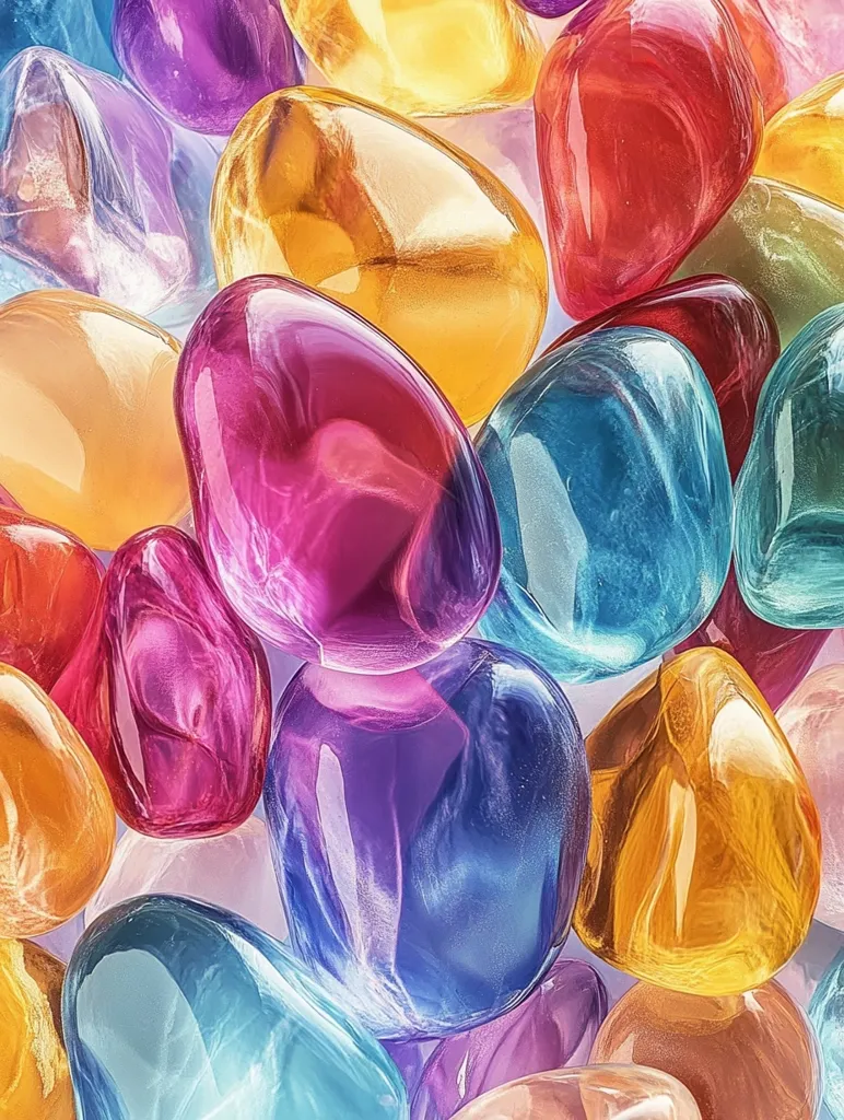 A close-up shot of smooth, colorful gemstones. They are arranged in a random pattern, showcasing a range of hues including purple, yellow, blue, red, and pink. Their glossy surfaces reflect light, adding a depth and richness to the composition. The image captures the beauty and vibrancy of these natural treasures.