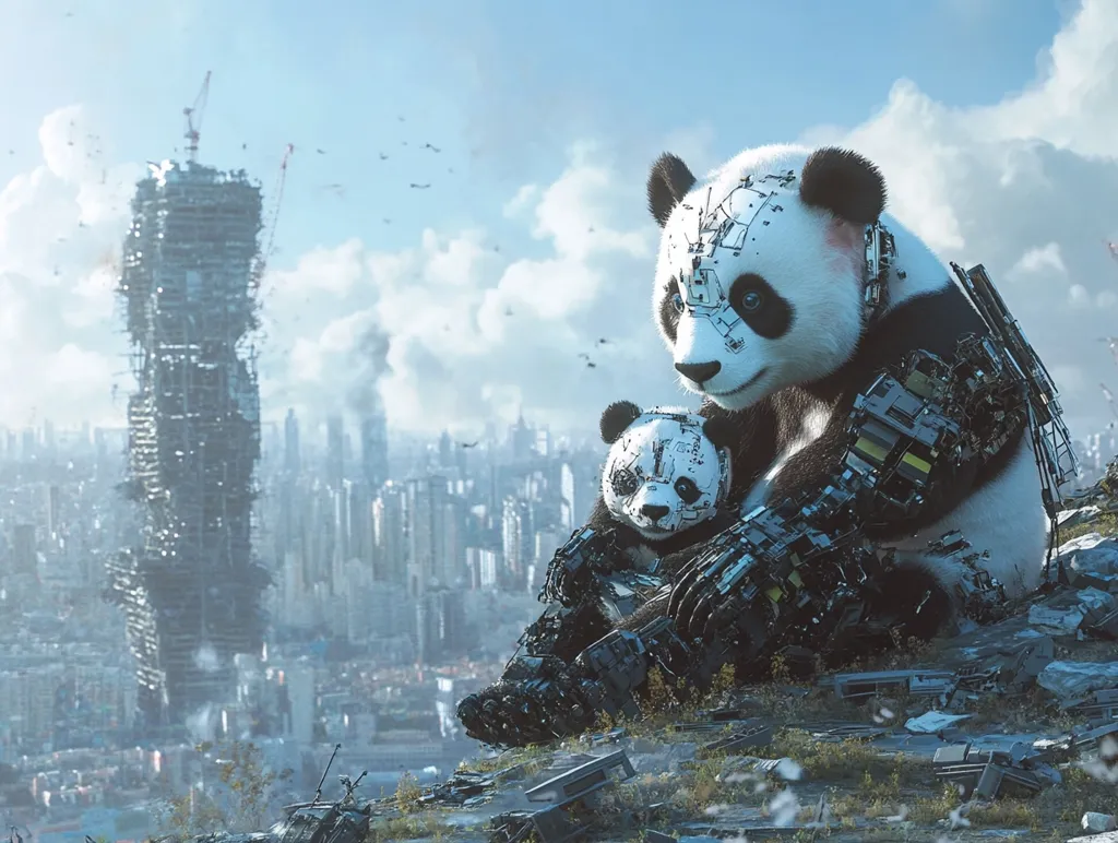 Two robotic pandas, one large and one small, sit atop a pile of rubble in a dystopian cityscape. The city is filled with abandoned buildings and a large, unfinished skyscraper in the background. The scene is painted in a cool color palette, highlighting the desolation and the metal parts of the pandas. The image evokes a sense of loneliness and sadness, with the pandas possibly representing the last vestiges of life in a post-apocalyptic world.