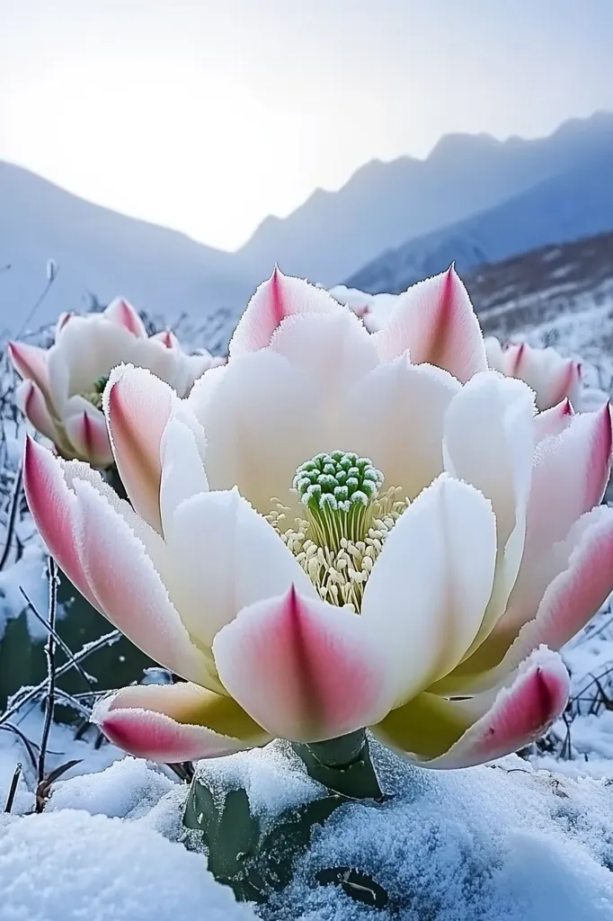 A large, white flower with pink edges blooms in the snow. The flower is surrounded by snow and ice, and a distant mountain range is visible in the background. The flower's petals are soft and delicate, and the snow adds a touch of winter magic.